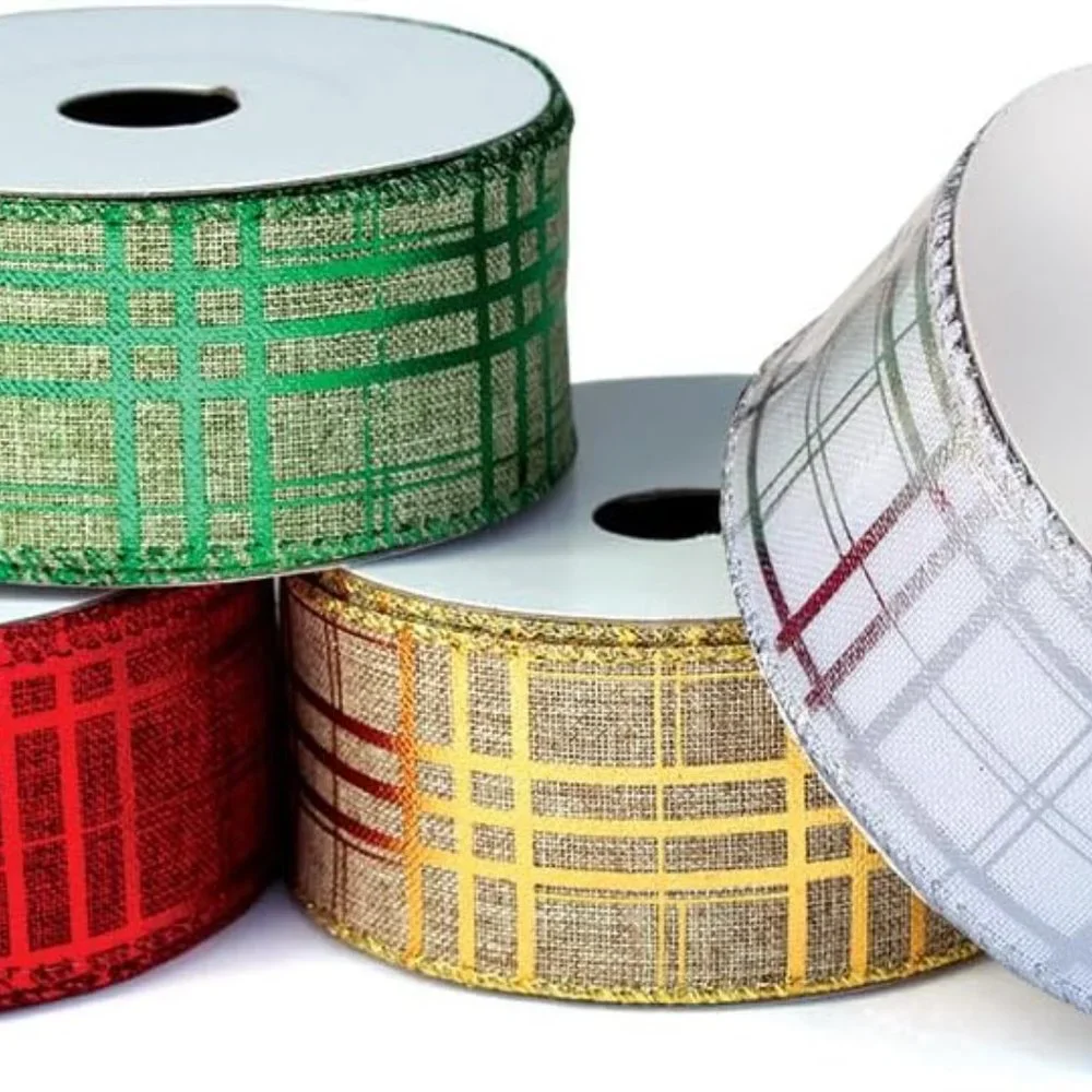 4 Rolls Burlap Wired Christmas Ribbon for Tree Plaid Ribbons Set - Picture 4 of 6
